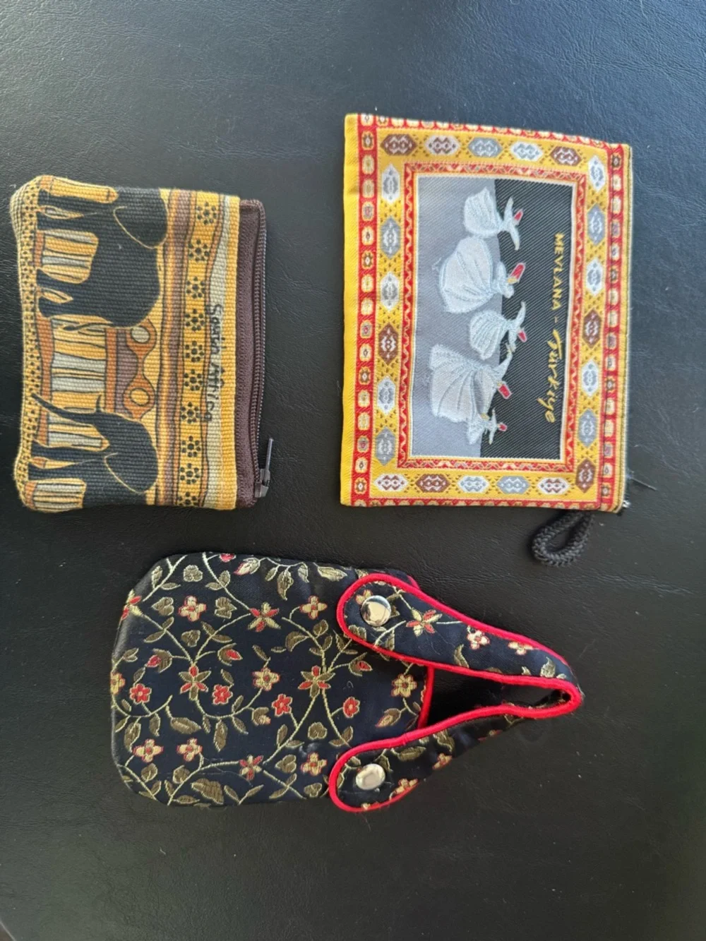 Set of 3 Small Printed Pouches - Black, Yellow, Red Accents